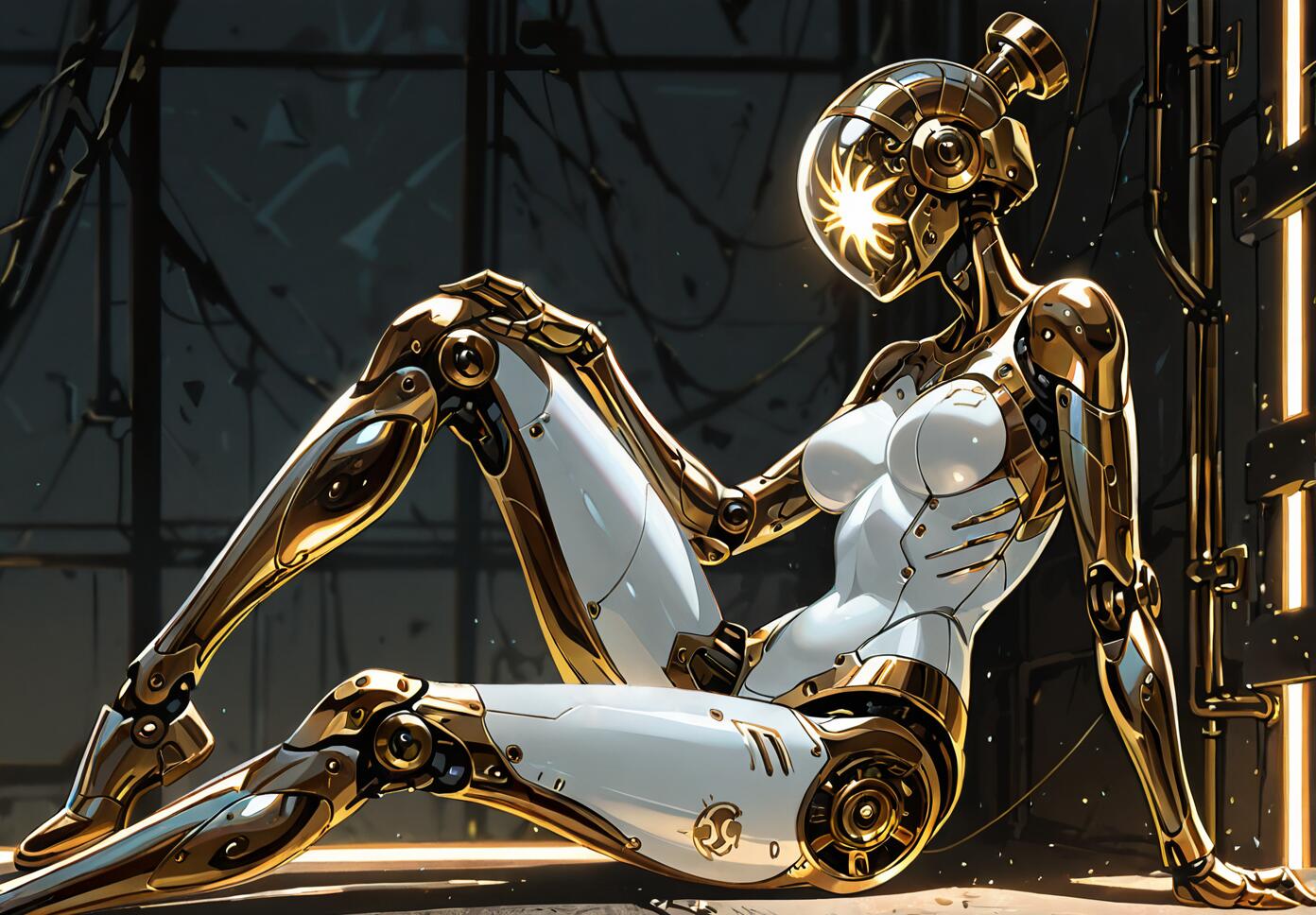 A female android with a white and gold body sits in a relaxed pose on the floor of a dark, industrial room. Her head is a polished golden sphere with a glowing sun pattern on the side.