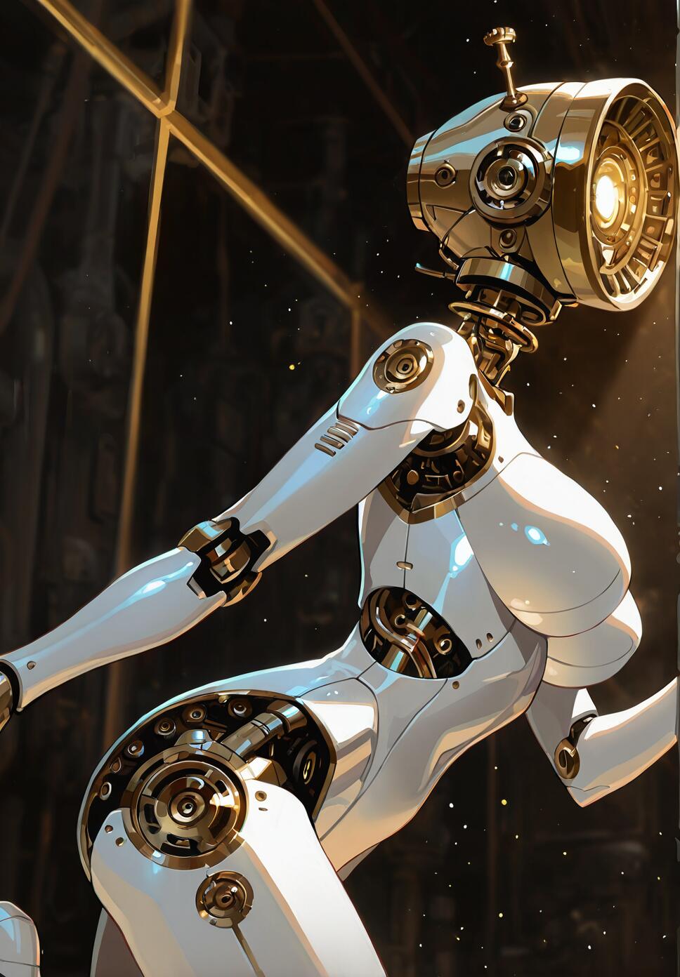 A side view of a white and gold female robot with a large, glowing lamp for a head, posing in a dark, industrial setting.