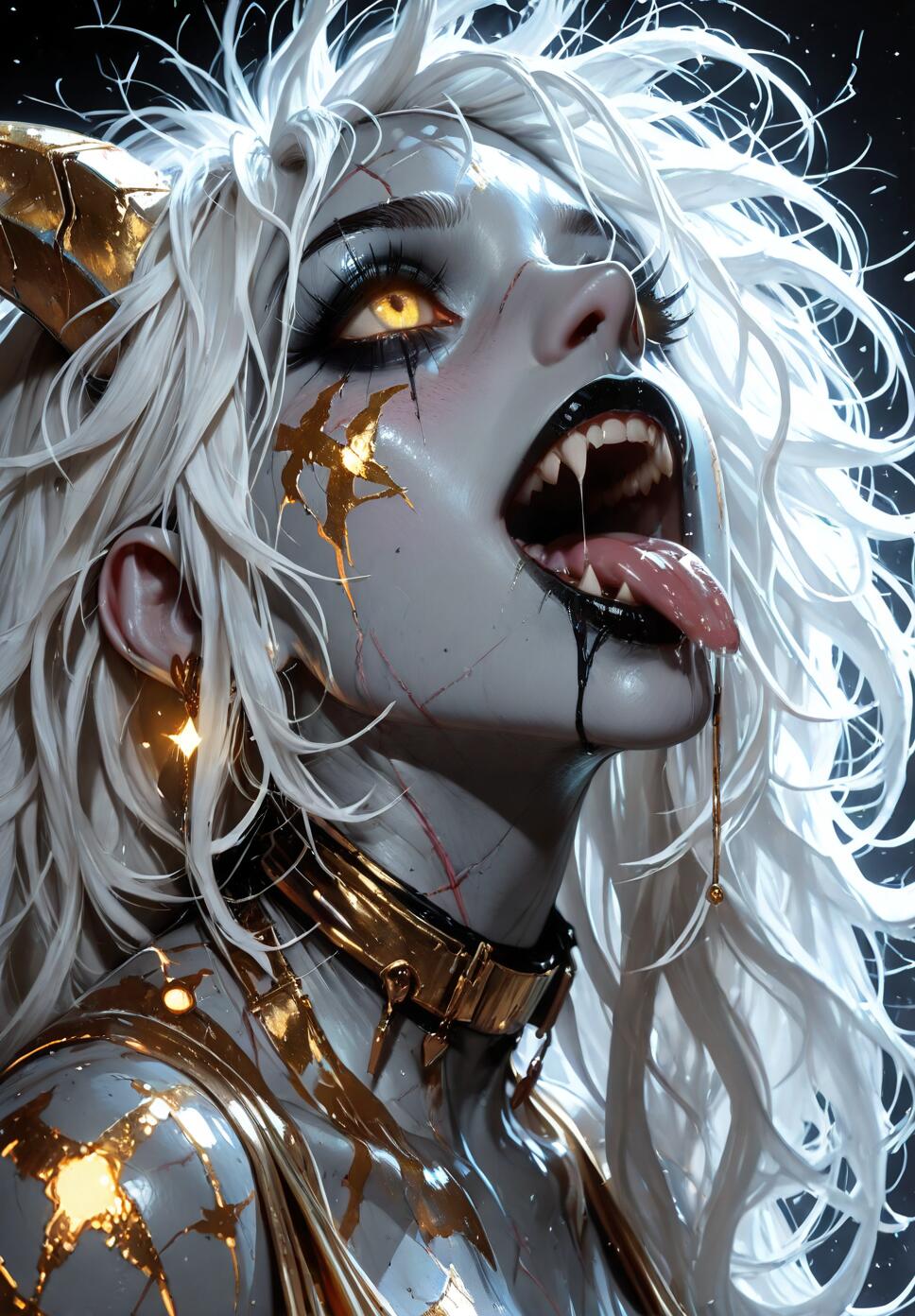 A close-up portrait of a female Lightforged Draenei with messy white hair and glowing yellow eyes. She is looking up with an ecstatic expression, her mouth open to show fangs, with her tongue out and drool dripping down.