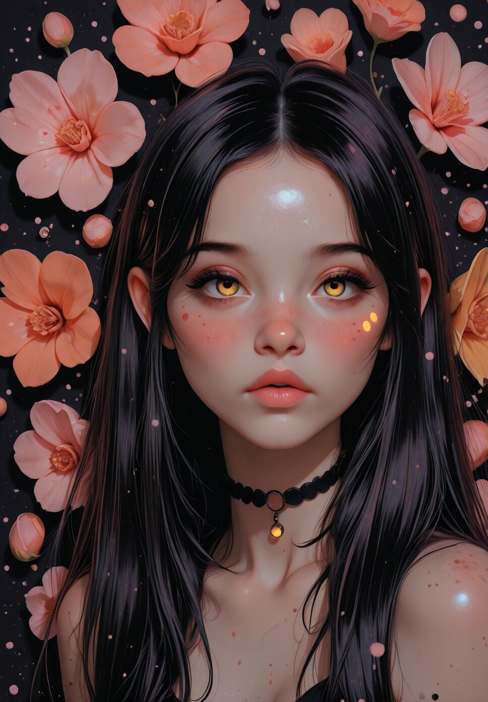 A digital portrait of a young woman with long black hair, striking golden eyes, and a black choker, set against a dark background filled with pink and coral flowers.