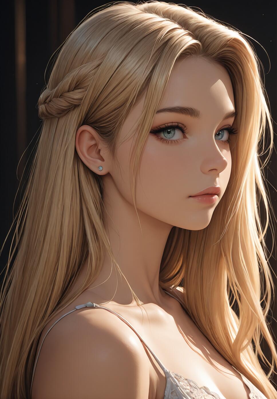A digital portrait of a young woman with long blonde hair and blue eyes, looking over her shoulder. She has a small braid in her hair and wears a simple stud earring and a light camisole.