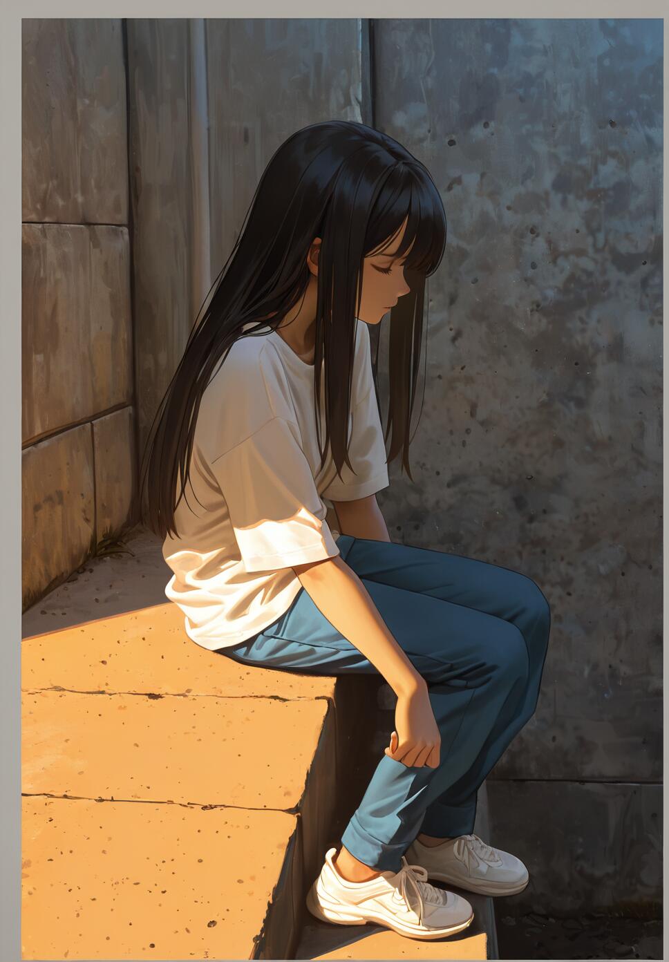 A young woman with long black hair in an anime style, sitting on sunlit concrete steps. She wears a white t-shirt, blue pants, and white sneakers, looking down thoughtfully against a weathered wall.