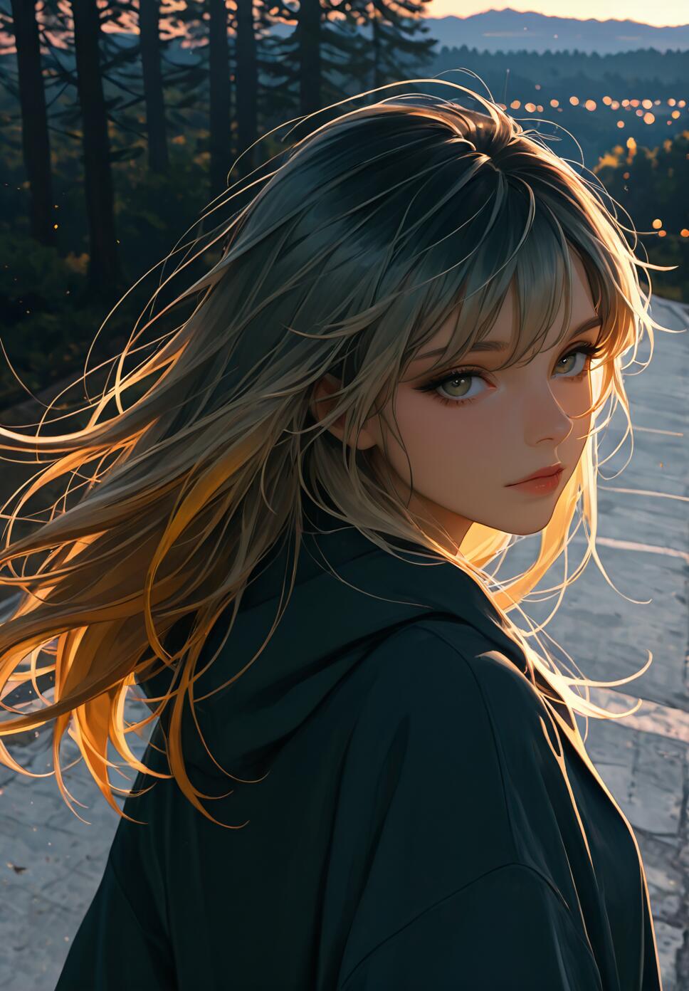 An illustration of a young woman with long, windswept blonde and dark hair, wearing a dark hoodie, looks back over her shoulder at sunset with a forest and distant city lights in the background.