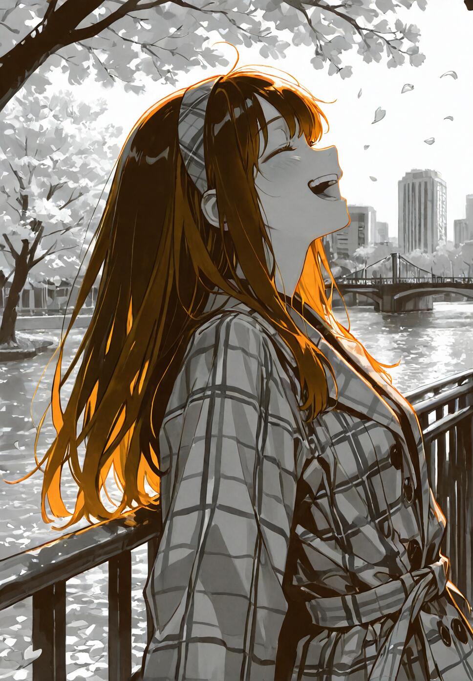 An anime girl with long brown hair, wearing a plaid coat and hairband, laughing joyfully with her head tilted back while leaning on a railing by a river. The background is a grayscale cityscape with cherry blossom trees, while she is highlighted in a warm, golden light.