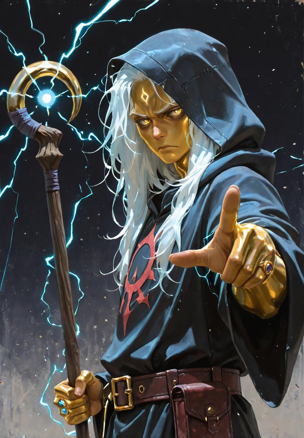 A male wizard with gold skin, long white hair, and a black hooded robe, pointing forward while holding a magical staff as blue lightning crackles in the background.