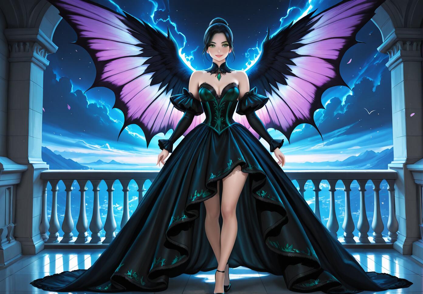 A beautiful woman with large purple and black butterfly-like wings stands on a stone balcony, wearing an elegant black and green gothic ball gown, overlooking a mountainous landscape at night.