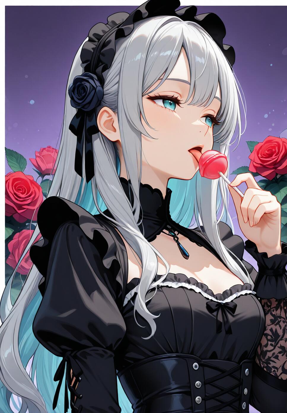 An anime girl with long silver and light blue hair, identified as Illustrious from Azur Lane, wearing a black gothic maid dress. She is licking a red lollipop against a background of red roses and a purple gradient.