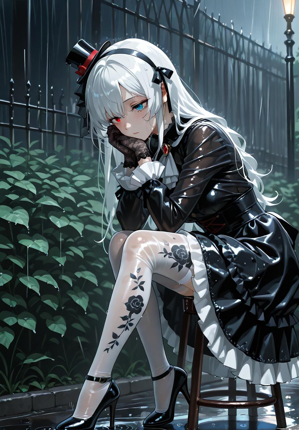 A full-body illustration of an anime girl with long white hair and mismatched red and blue eyes, wearing a black gothic dress and a small top hat. She is sitting on a stool outdoors in the pouring rain with a sad expression.