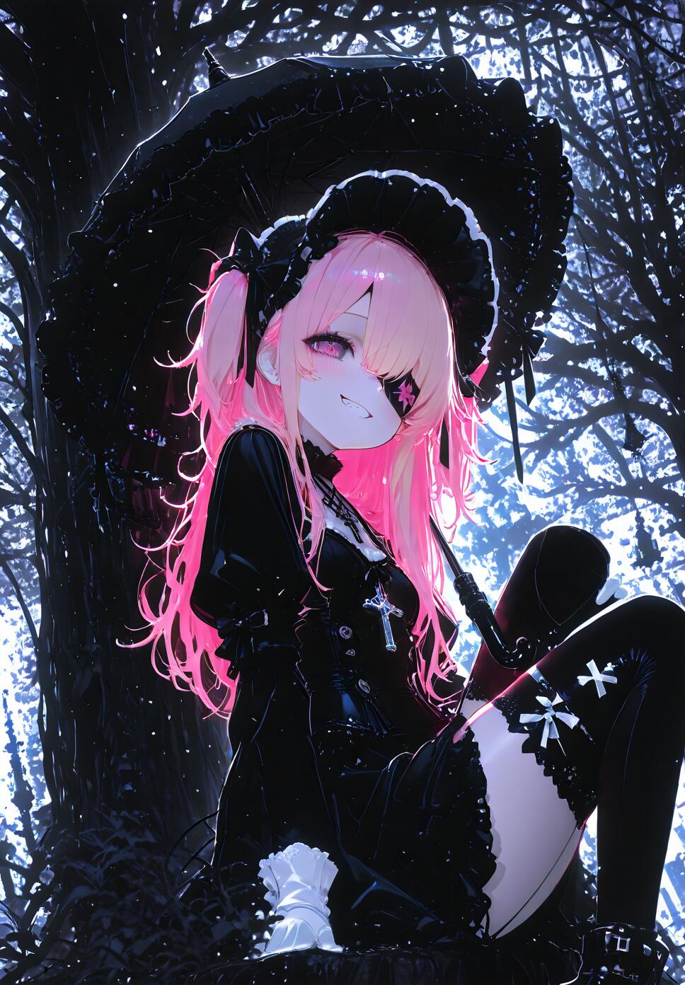 An anime girl with long pink hair and a black eyepatch, dressed in a black Gothic Lolita outfit, smiles while sitting under a dark tree and holding a black parasol.