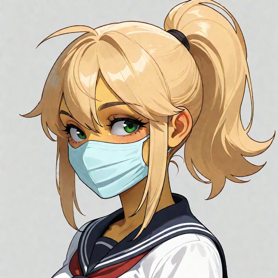 An anime illustration of a young woman with blonde hair in a ponytail and vibrant green eyes, wearing a Japanese school uniform and a light blue face mask.