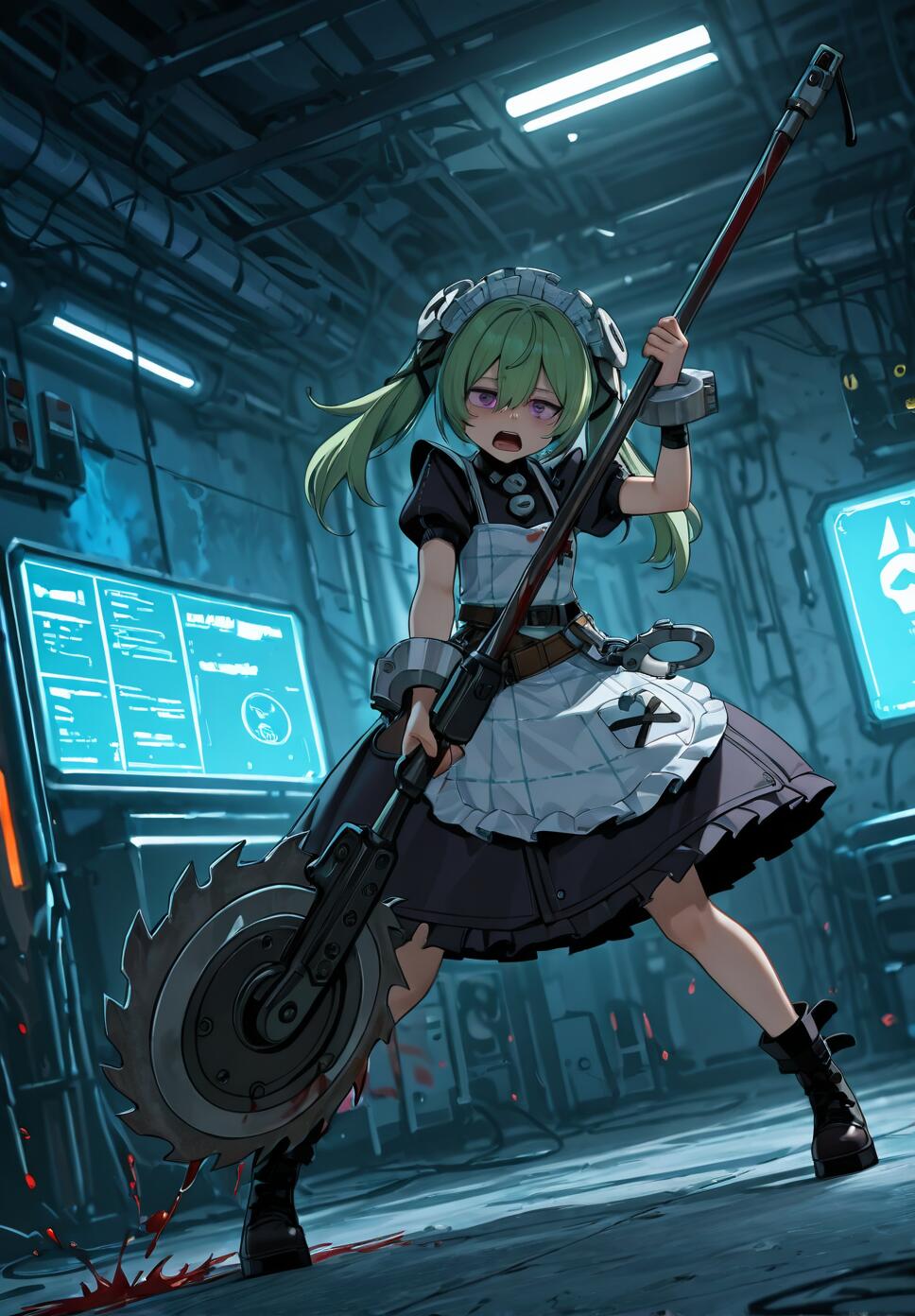 A full-body illustration of Gretel from SINoALICE, an anime girl with green hair in a maid outfit, screaming as she holds a giant circular saw weapon in a dark, sci-fi factory setting.