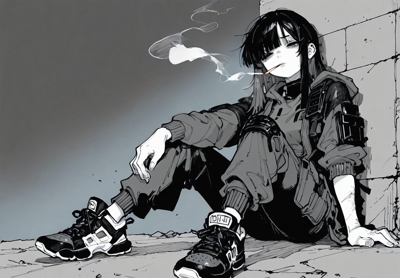 A young woman with black hair in a monochrome manga style, sitting on the ground and leaning against a concrete wall while smoking a cigarette. She is wearing a techwear outfit with a hooded jacket, cargo pants, and large sneakers.