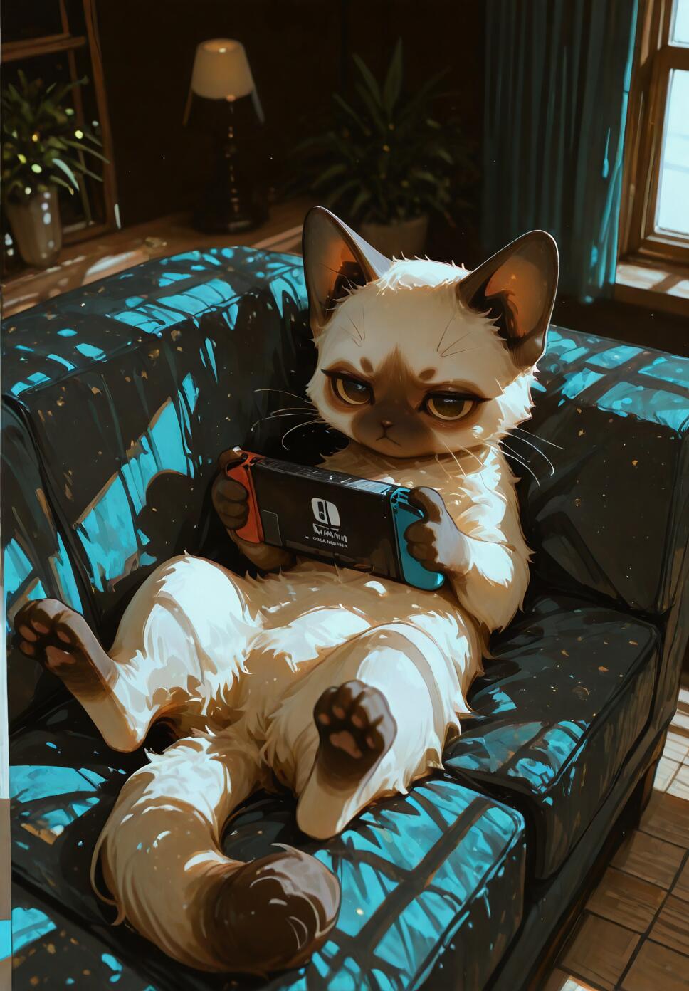 A stylized Siamese cat with a grumpy expression, lounging on a dark blue couch while holding and playing a Nintendo Switch in a dimly lit room with plants and a lamp in the background.