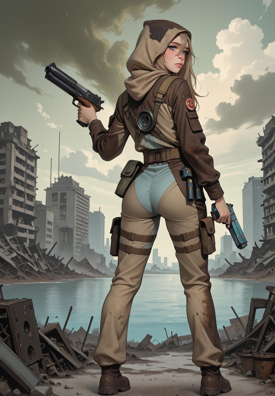 A full-body illustration of a young woman from behind in a post-apocalyptic city. She wears a hooded brown jacket and khaki pants, holding a large pistol in one hand and a smaller one in the other, looking back over her shoulder at the viewer. Ruined buildings and a body of water are in the background.