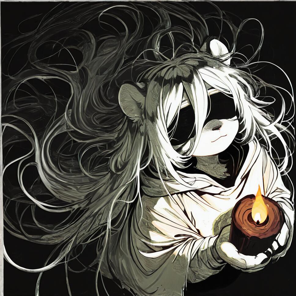 A high-contrast, black and white illustration of Hannah from Mahjong Soul. She is a girl with animal ears and long, flowing white hair, wearing a black blindfold and a white cloak. She holds a lit candle, which is the only source of color and light in the image.