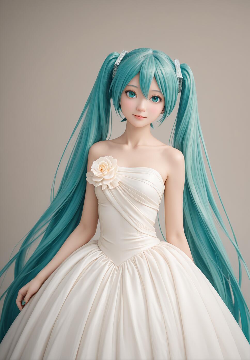 A portrait of Hatsune Miku with her long turquoise twin-tails, wearing an elegant strapless off-white ball gown with a white rose on the bodice, against a plain, neutral background.