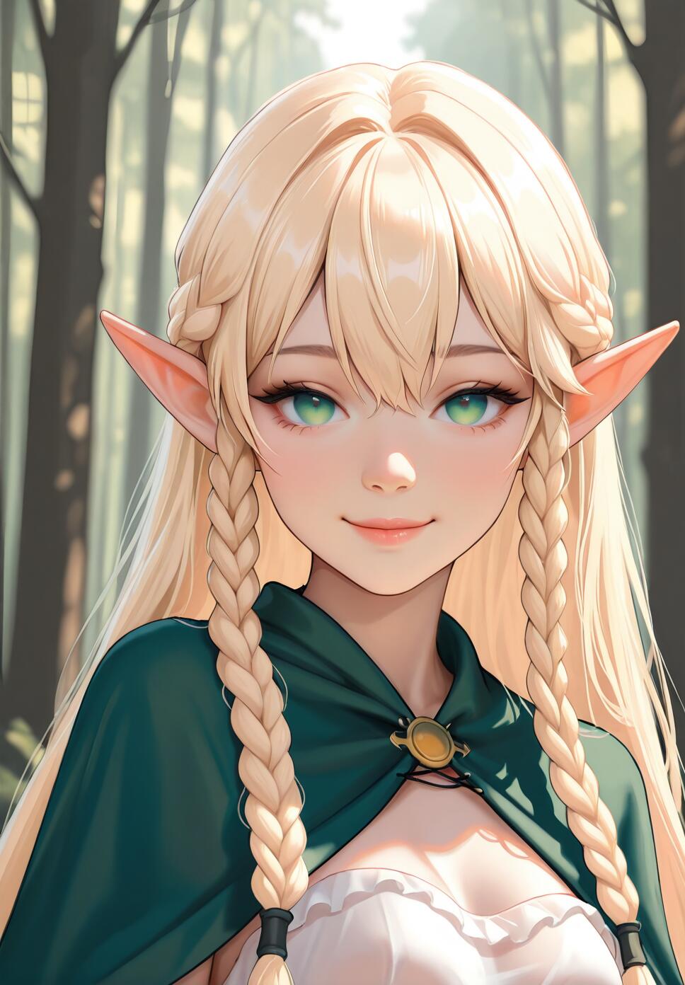A portrait of the high elf Eltolindeill from Record of Lodoss War, featuring long blonde hair in braids, pointy ears, green eyes, and a green cape, set against a blurry forest background.
