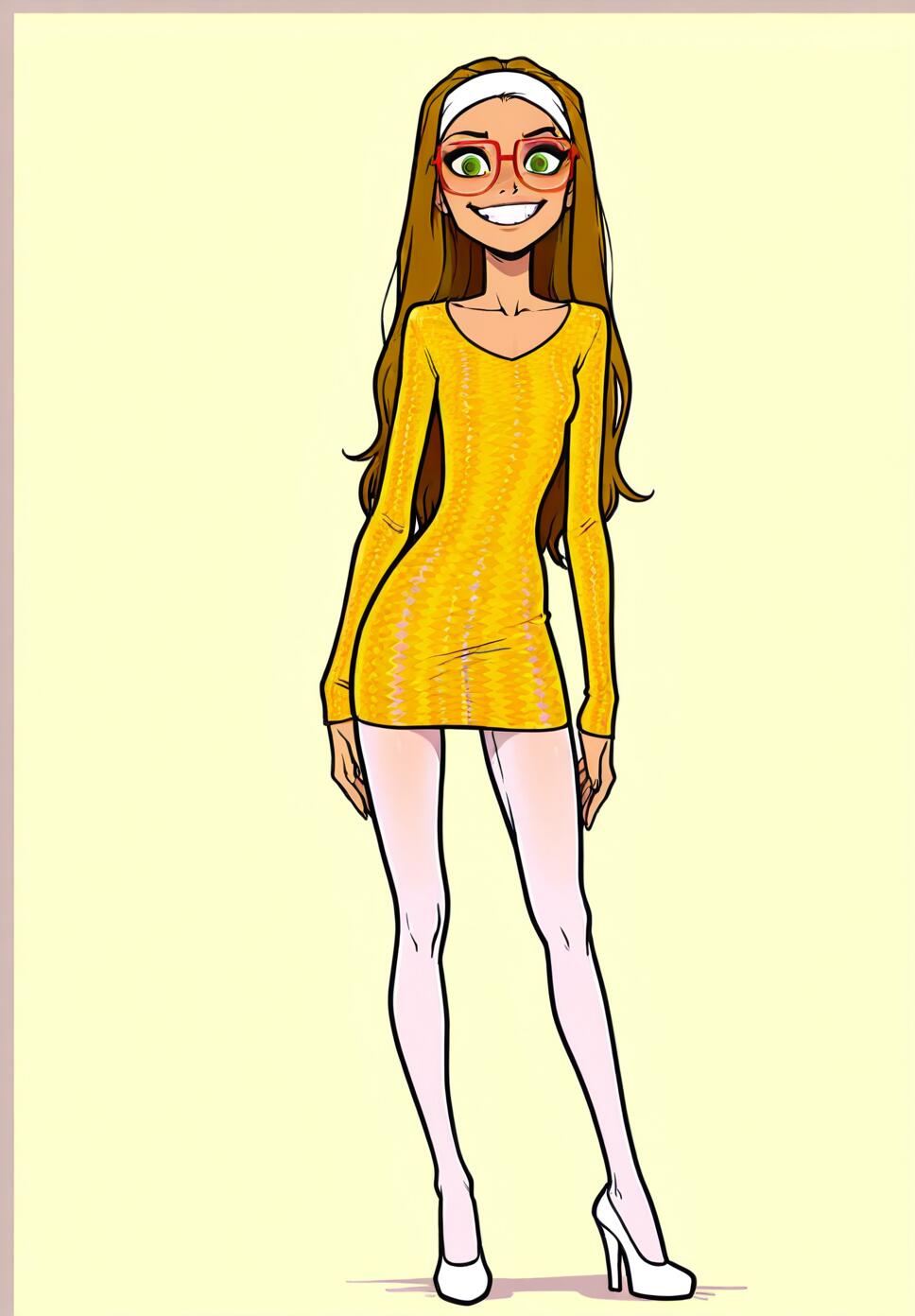 A full-body digital illustration of Honey Lemon from Big Hero 6 smiling happily. She has long brown hair, green eyes, red glasses, and a white headband, and is wearing a tight yellow mini-dress, white pantyhose, and white high heels.