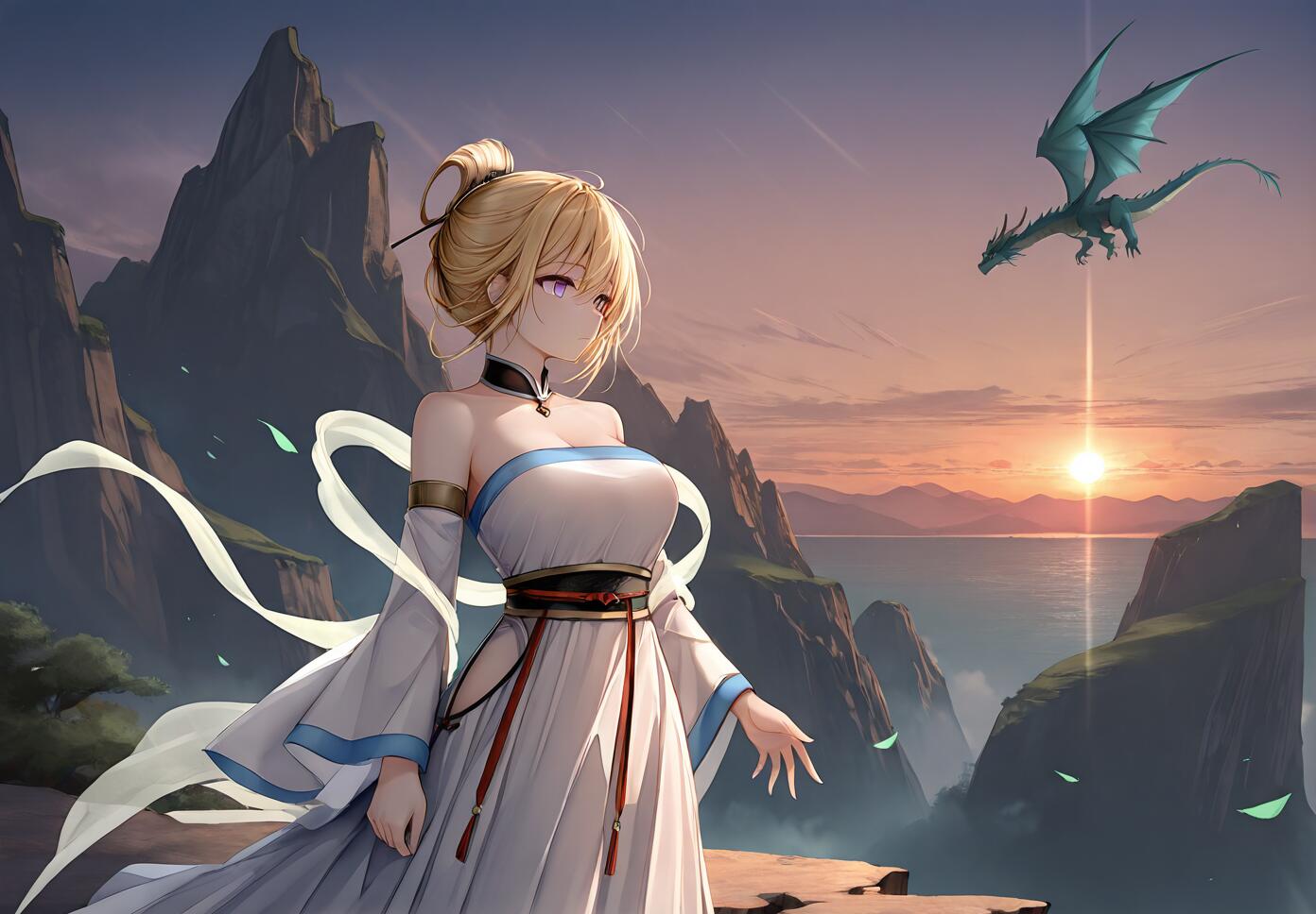 An anime-style illustration of the character Illustrious from Azur Lane, a blonde woman in a white and blue hanfu-style dress, standing on a cliff overlooking the sea at sunset. A green dragon flies in the distance.