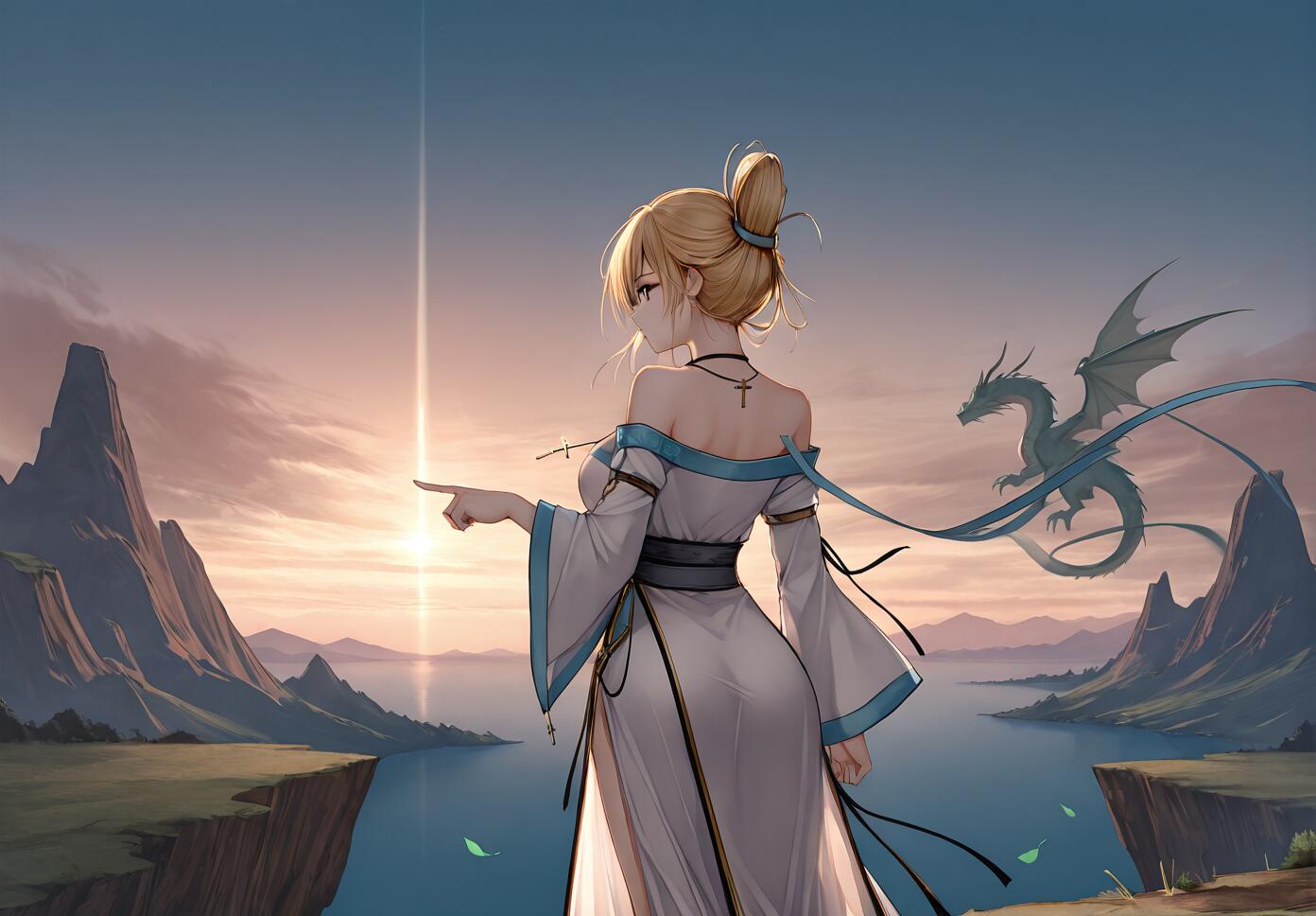 An anime-style illustration of the blonde character Illustrious from Azur Lane, viewed from behind. She stands on a cliff overlooking a mountainous landscape with a lake, pointing at a pillar of light on the horizon at sunset. A green dragon flies nearby.