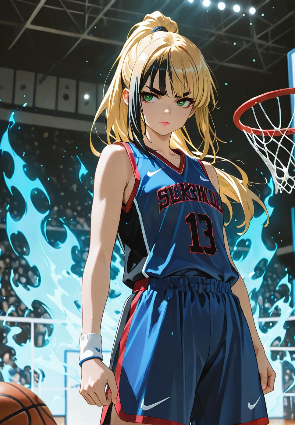 An anime girl with blonde hair in a ponytail and black streaks stands on a basketball court, wearing a blue uniform with the number 13, surrounded by a blue flame-like aura.