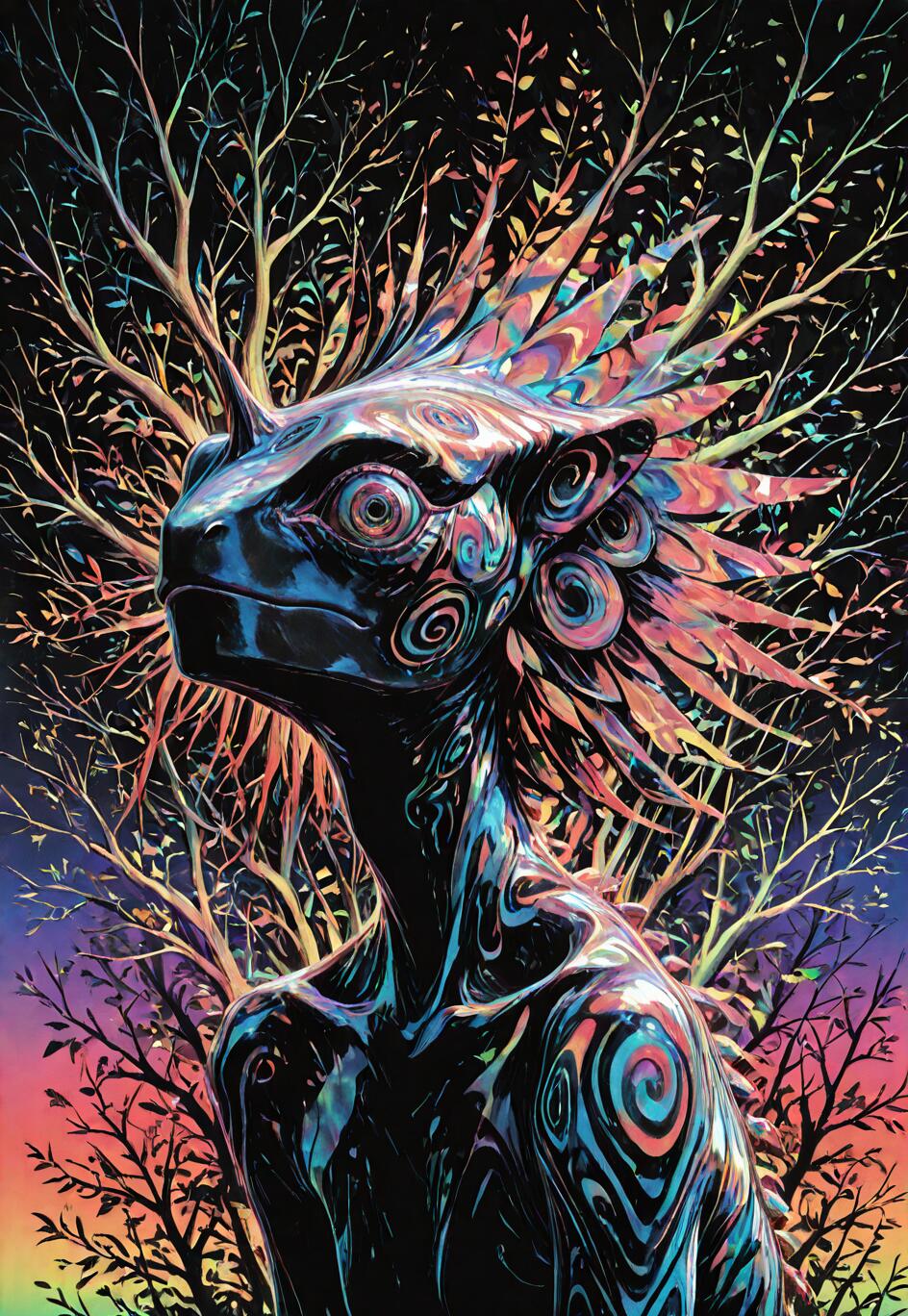 A stylized fantasy creature, resembling a chameleon humanoid with a single horn, stands in a psychedelic forest. Its dark, glossy skin is covered in colorful swirls, and the background features vibrant, rainbow-colored trees against a black sky.