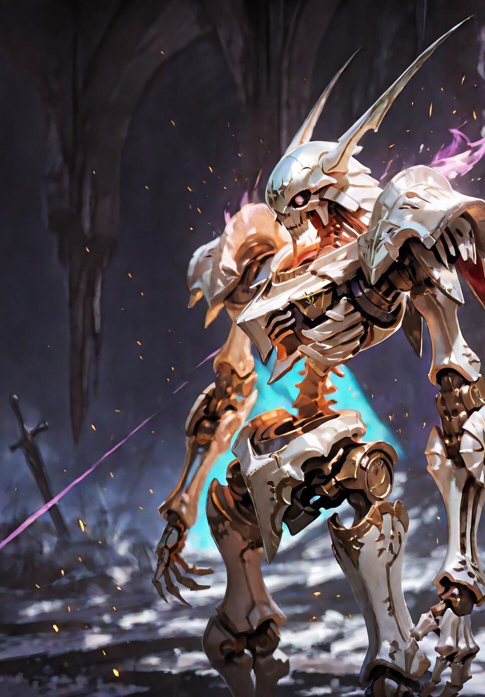 A full-body digital illustration of a skeletal mecha knight with white and gold armor, standing in a dark, cavernous hall. It has a glowing blue core and purple energy emanating from its back.