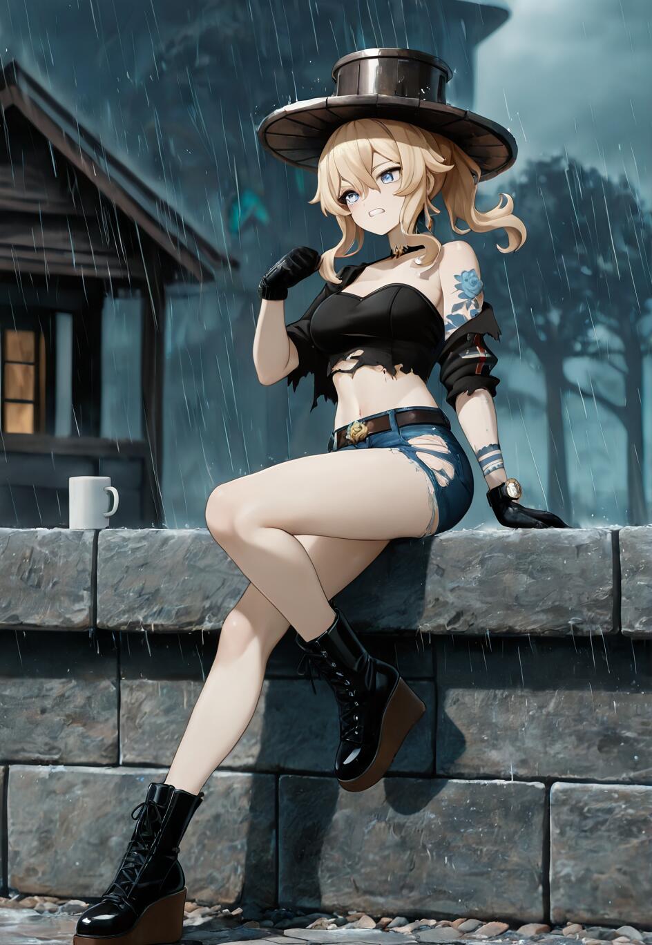 Full-body illustration of Jean from Genshin Impact in a modern alternative outfit, sitting on a stone wall in the rain. She wears a black top hat, a torn black crop top, ripped denim shorts, and black wedge boots, looking back over her shoulder.