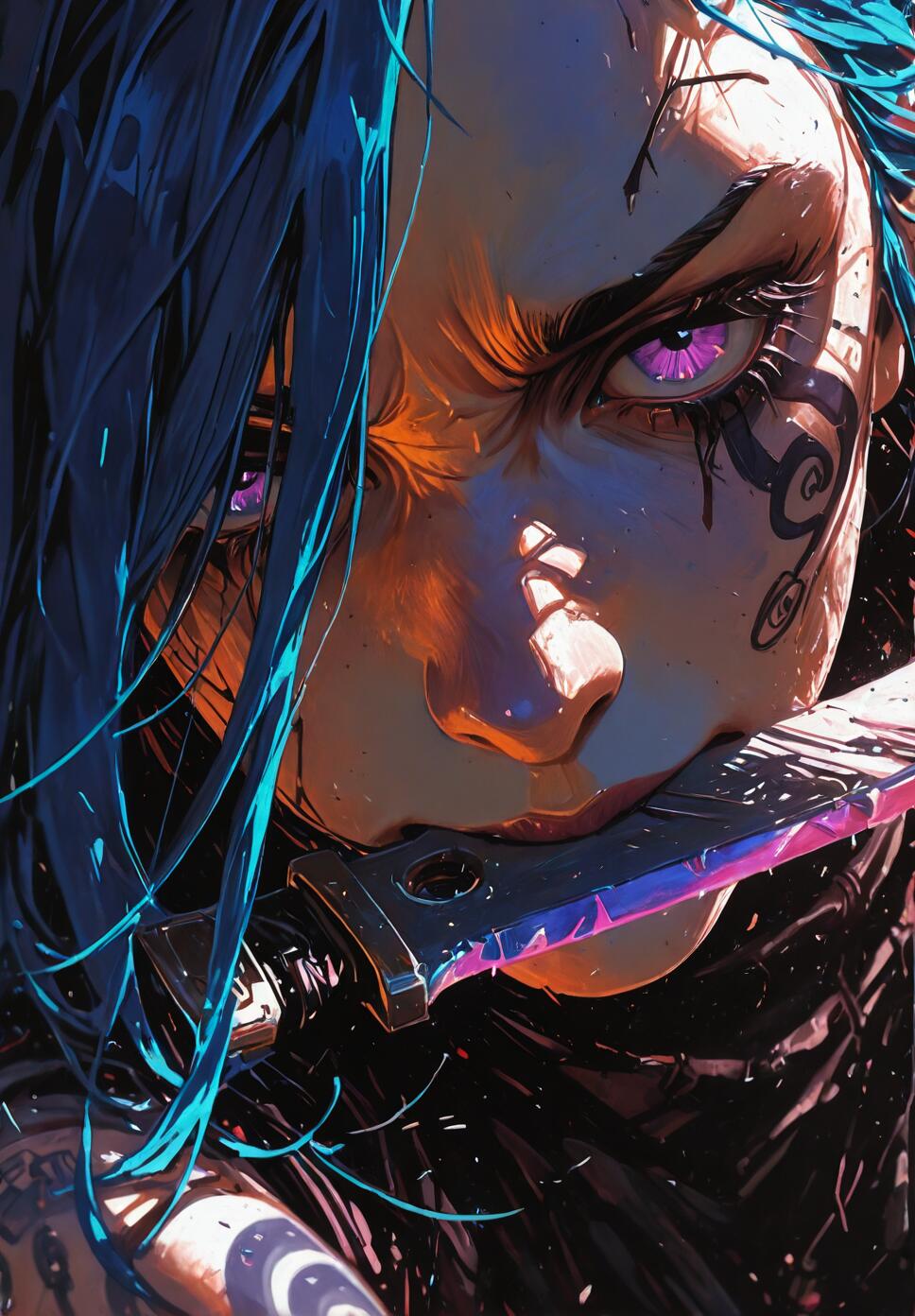 A close-up digital painting of Jinx from Arcane, with blue hair and glowing purple eyes, clenching the blade of a knife between her teeth and giving a fierce stare.