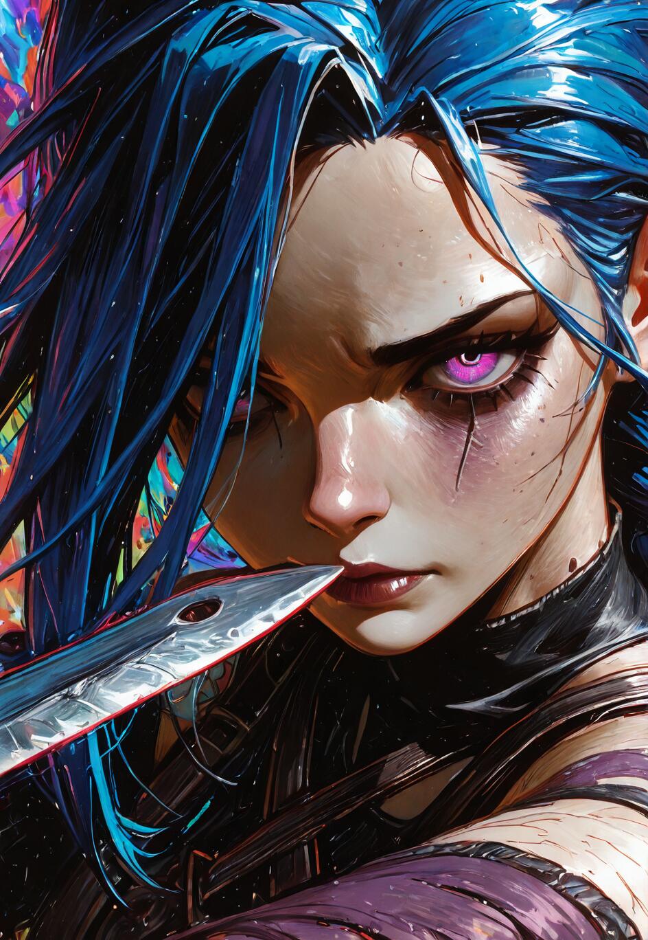 A close-up illustration of Jinx from Arcane with vibrant blue hair and glowing pink eyes. She has an intense expression and holds the blade of a knife near her mouth.