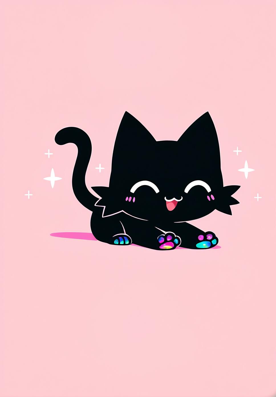 A cute cartoon black cat with a happy, smiling face and closed eyes, sitting on a pastel pink background. The cat's paw pads are multi-colored and iridescent, and white sparkles float around it.