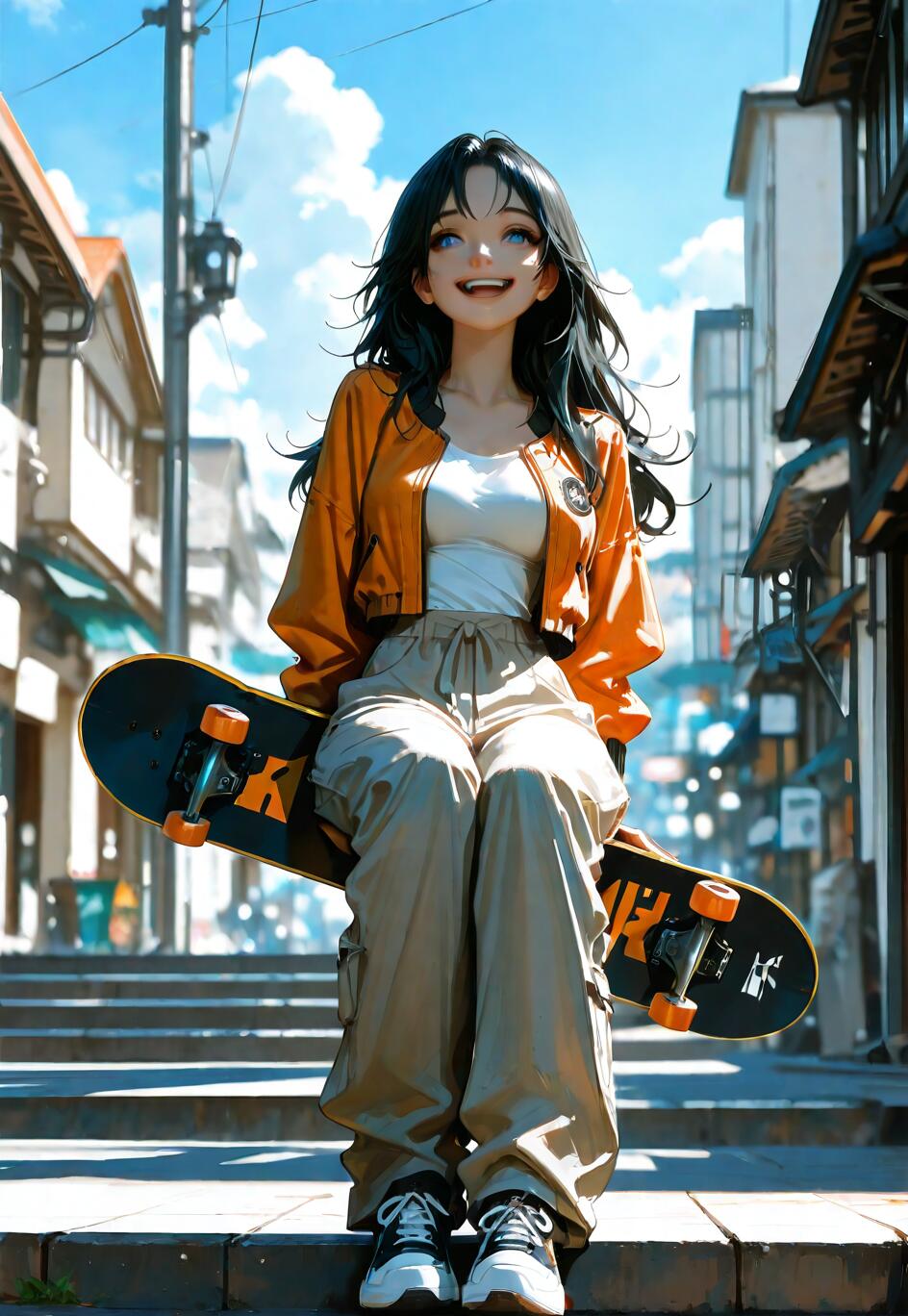 An anime-style girl with long black hair and blue eyes, wearing an orange jacket and cargo pants, smiling happily as she sits on city steps holding a skateboard.