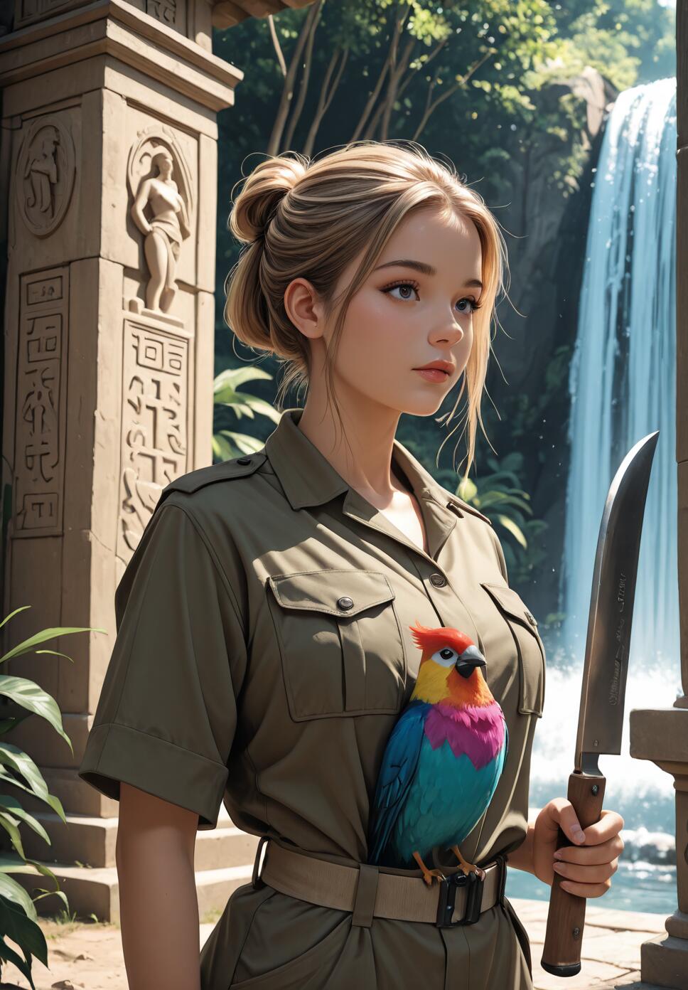 A young blonde woman in a green safari outfit stands in a jungle. She is holding a large knife and has a brightly colored bird tucked into her belt. An ancient carved stone pillar is to her left, and a large waterfall is visible in the background.