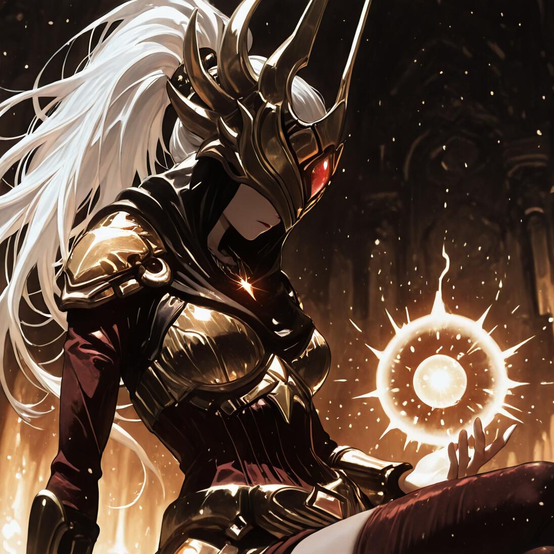 An anime-style illustration of Justicar Syndra from League of Legends, a female character with long white hair wearing intricate golden armor and a helmet, sitting while holding a glowing orb of light in her hand.