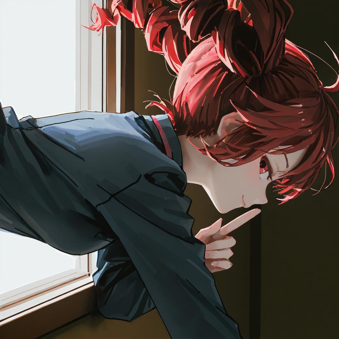 An anime-style illustration of Kasane Teto with vibrant red hair and eyes, leaning sideways from a window. She holds one finger to her lips in a 'shushing' motion with a smug look on her face.