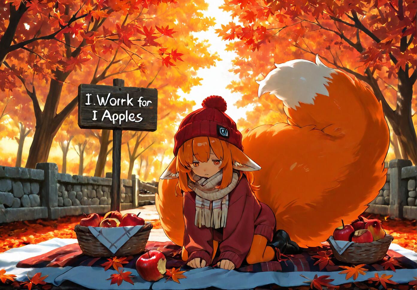 An anime fox girl with a large orange tail and orange hair sits on a blanket in an autumn park. She wears a red beanie and a cozy sweater. Next to her is a wooden sign that reads 'I. Worrk for I Apples' and two baskets filled with red apples.