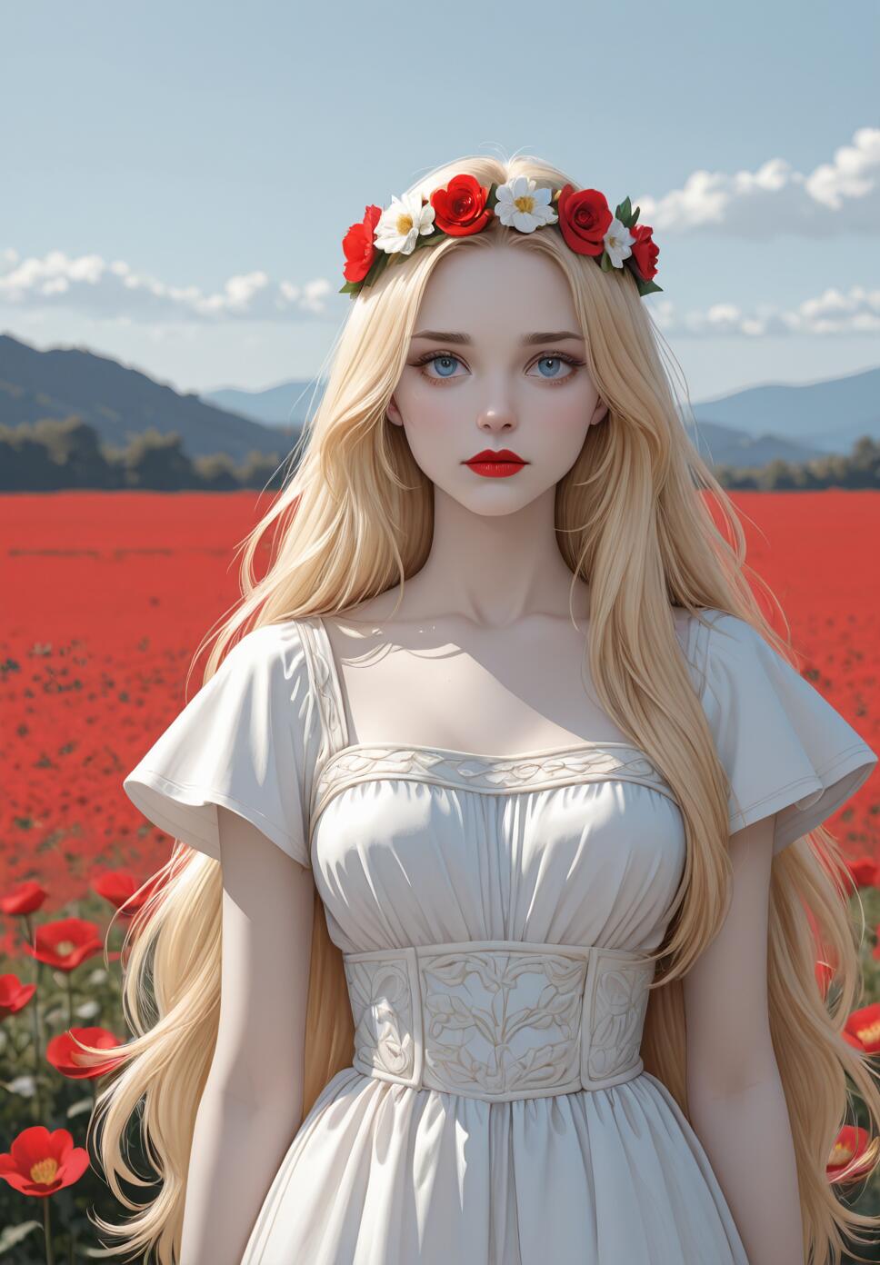 A beautiful young woman with long blonde hair and blue eyes, representing the Slavic goddess Lada, stands in a field of red poppies. She wears an elegant white dress and a flower crown of red and white roses.
