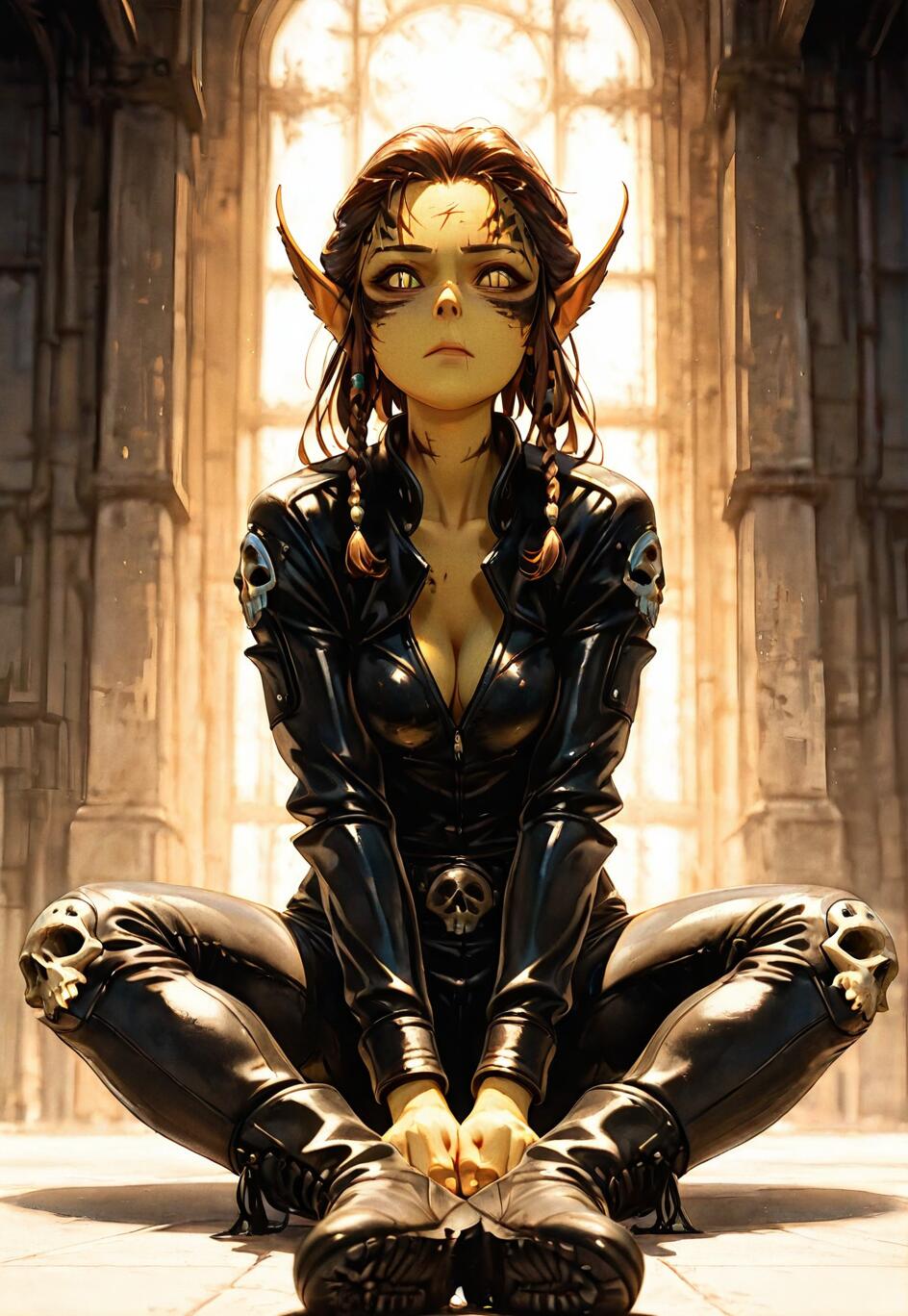 A full-body illustration of the character Lae'zel from Baldur's Gate 3, sitting cross-legged in a black leather biker suit with skull details. She has pointy ears, yellow eyes, and is set against the backdrop of a large, bright, arched window.