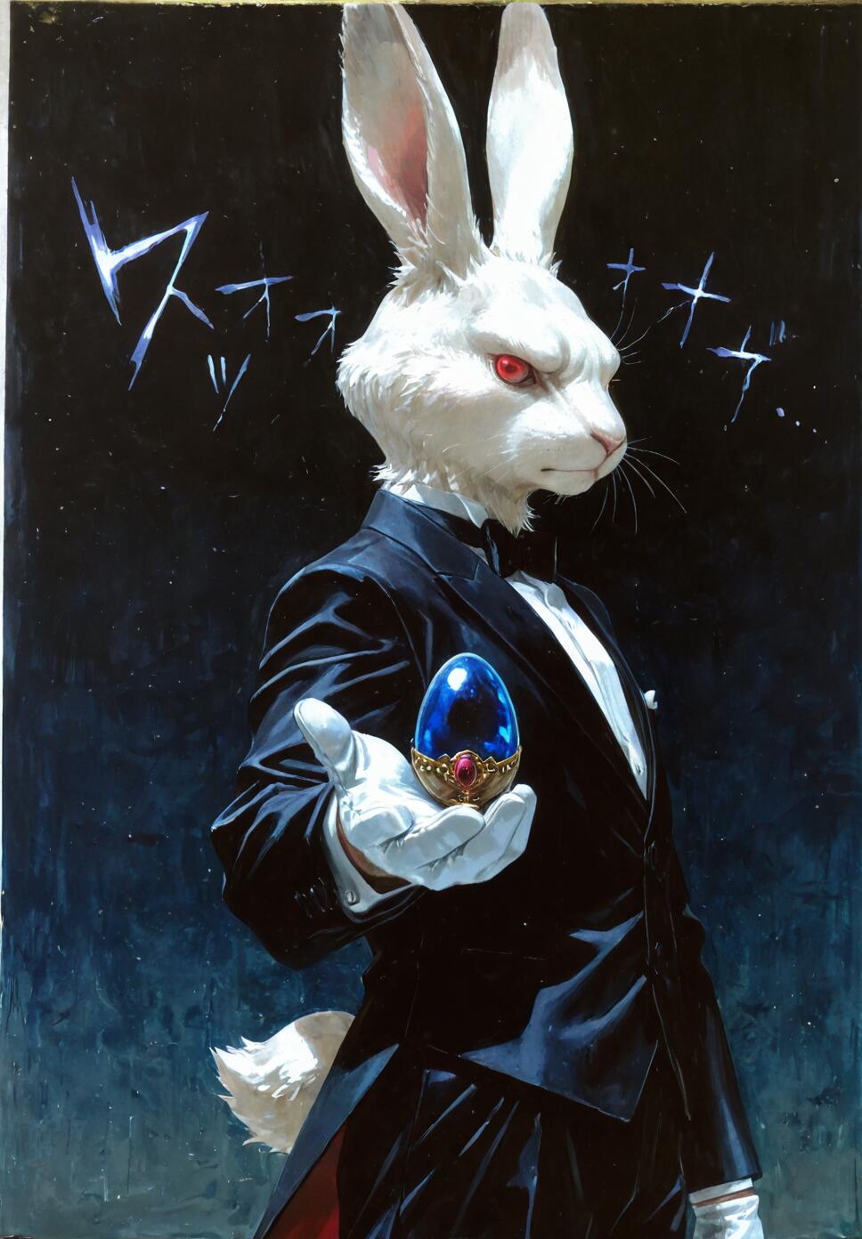 An illustration of Laplace's Demon from Rozen Maiden, an anthropomorphic white rabbit with red eyes wearing a formal black tuxedo and white gloves, holding out an ornate blue jewel against a dark background.