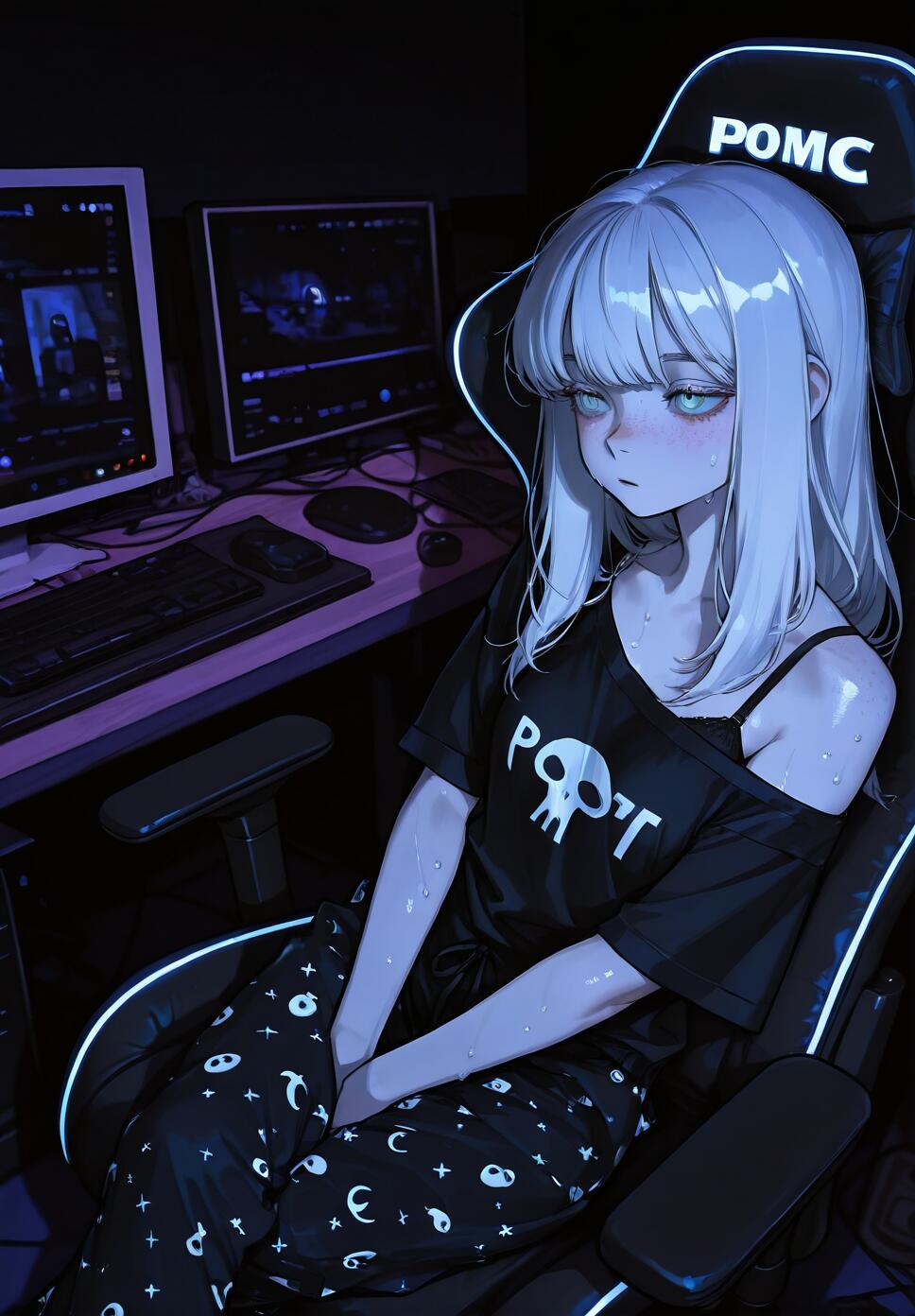 A tired-looking anime girl with long white hair sits in a glowing gaming chair in a dark room, her face illuminated by the light of her computer screens.