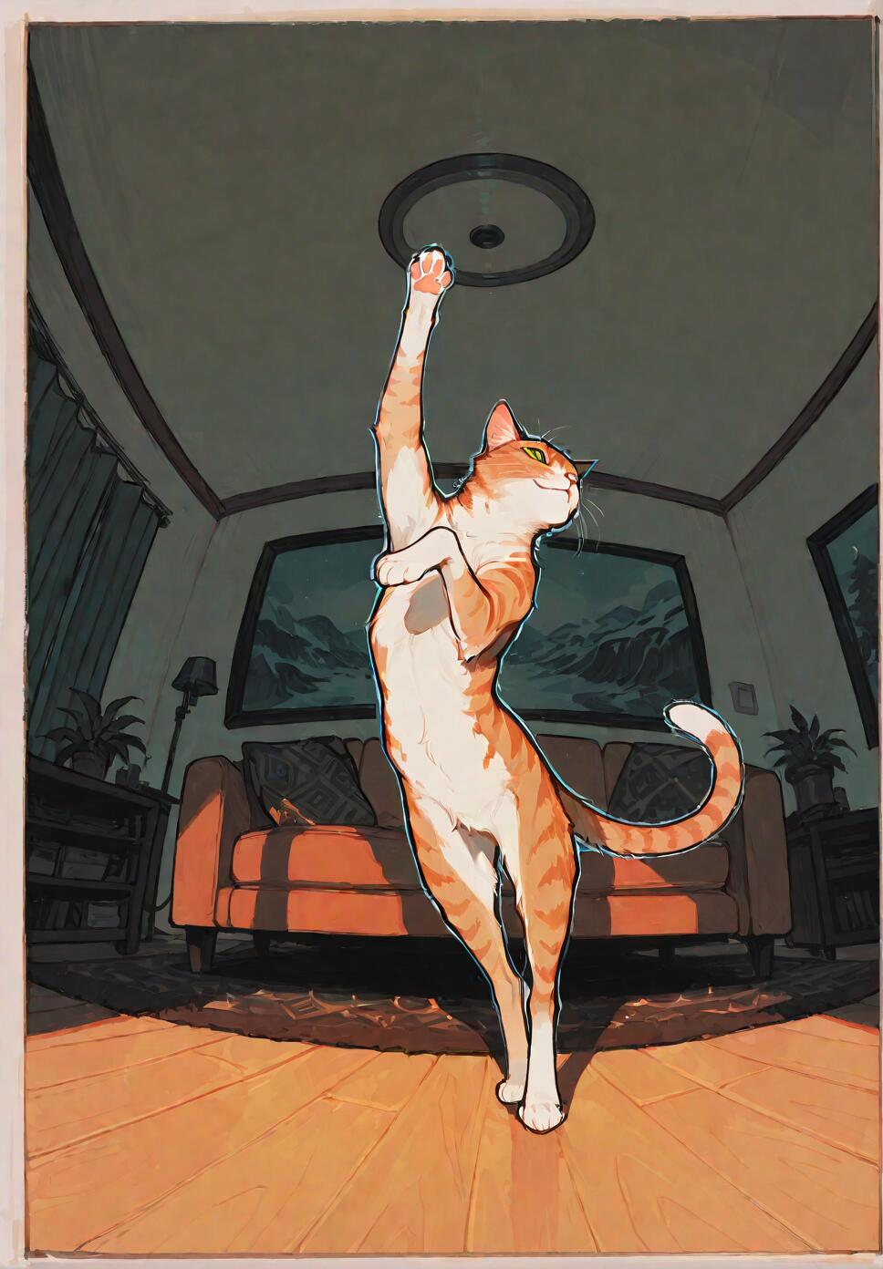 An illustration of an orange and white tabby cat standing on its hind legs in a graceful, dancing pose inside a living room, reaching one paw up towards the ceiling.