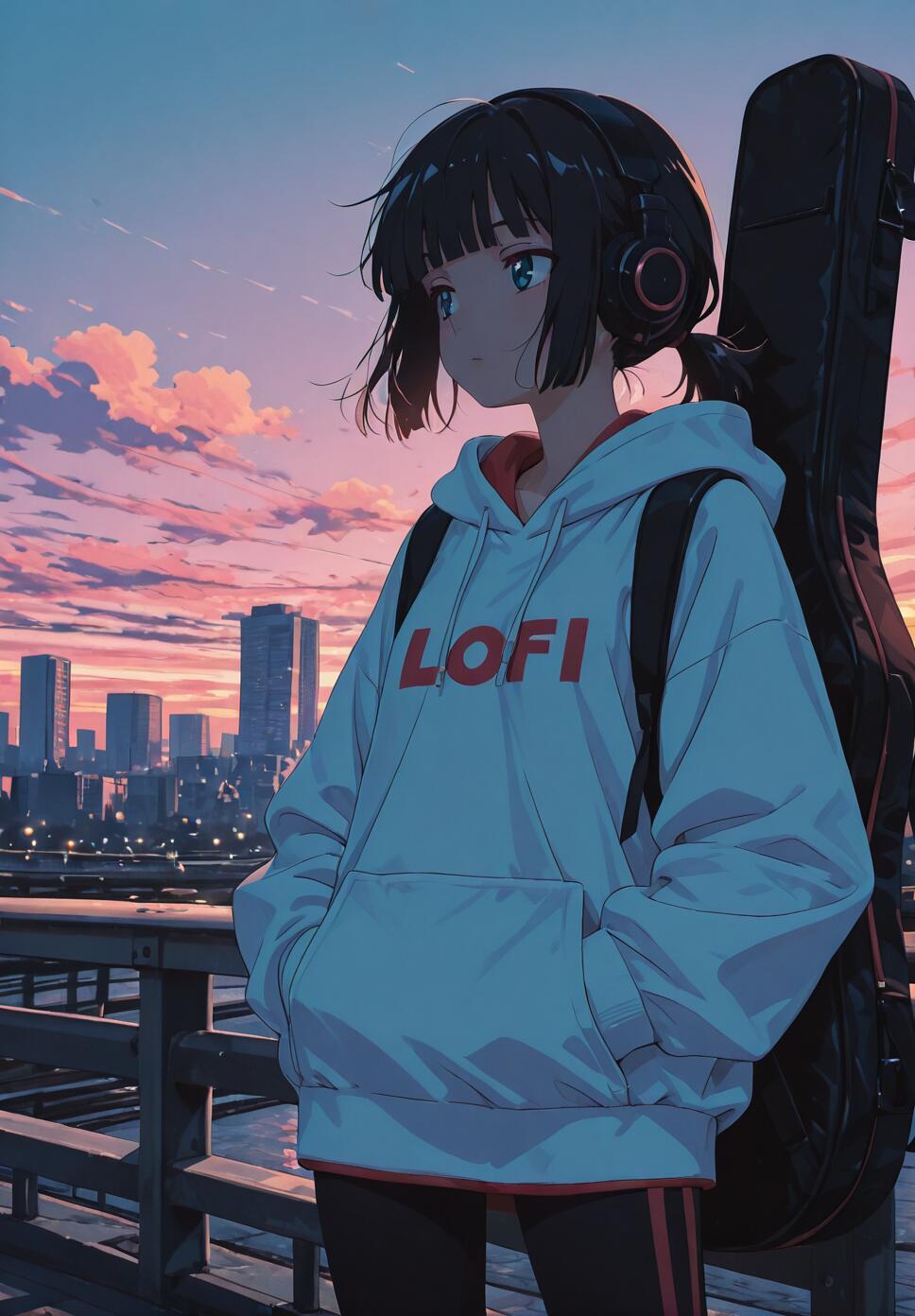 An anime girl with short black hair and headphones stands on a bridge at sunset, wearing a white 'LOFI' hoodie and carrying a guitar case, looking out at a city skyline.