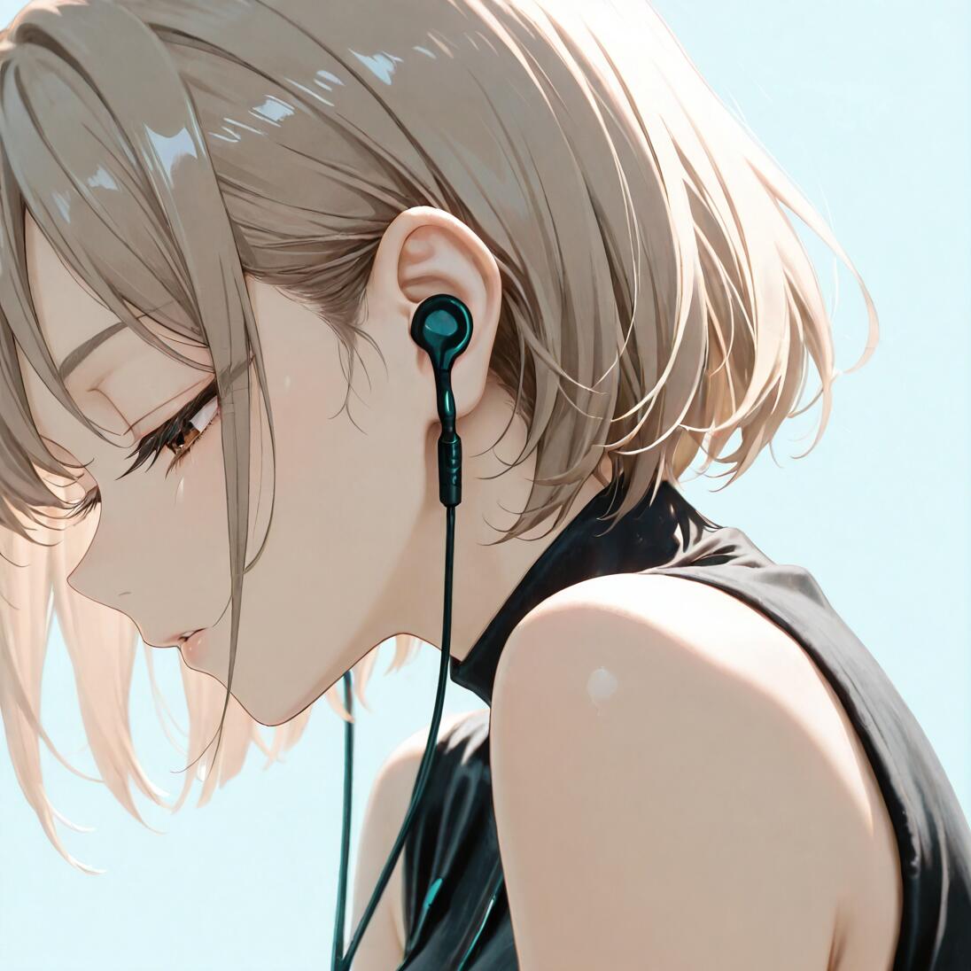 A side profile anime illustration of a girl with short light brown hair listening to music with black wired earphones. She is looking down with a peaceful expression and is wearing a black sleeveless top against a light blue background.