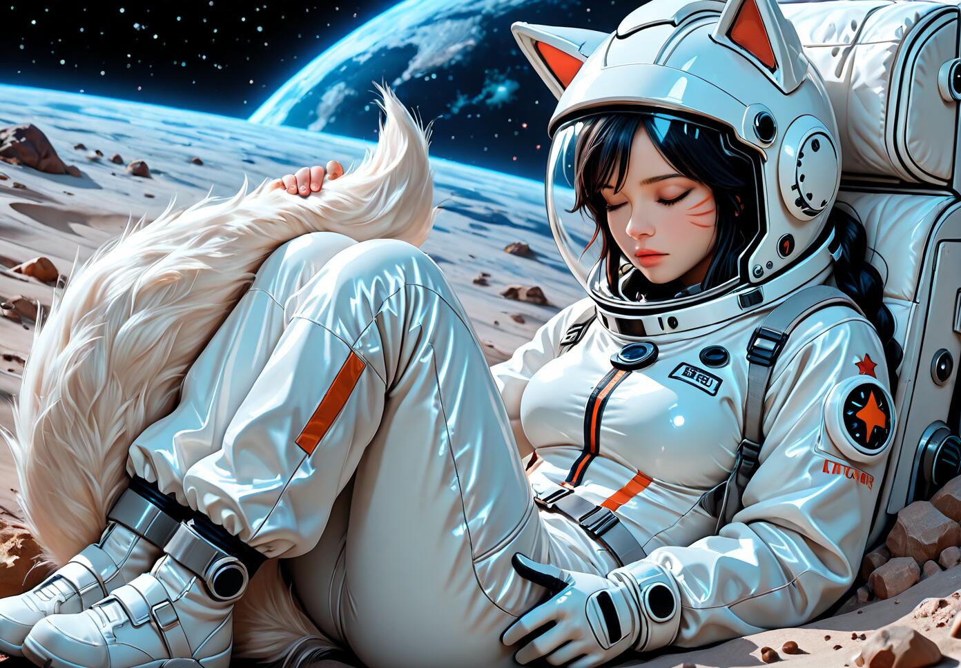 A digital illustration of the character Ahri from League of Legends as an astronaut, sleeping peacefully on a moon-like surface. She wears a white spacesuit and a helmet with fox ears, and is cradling her large, fluffy white fox tail. The Earth is visible in the starry sky behind her.