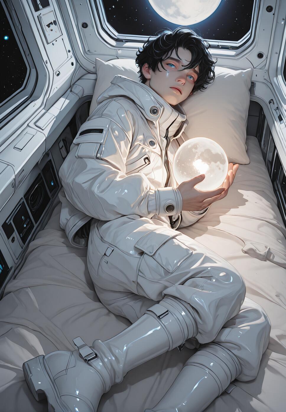 A full-body portrait of a young man with short black hair and blue eyes lying on a bed inside a spaceship. He is wearing a white futuristic suit and boots and is holding a glowing orb that looks like a small moon. A large moon and stars are visible through the window behind him.