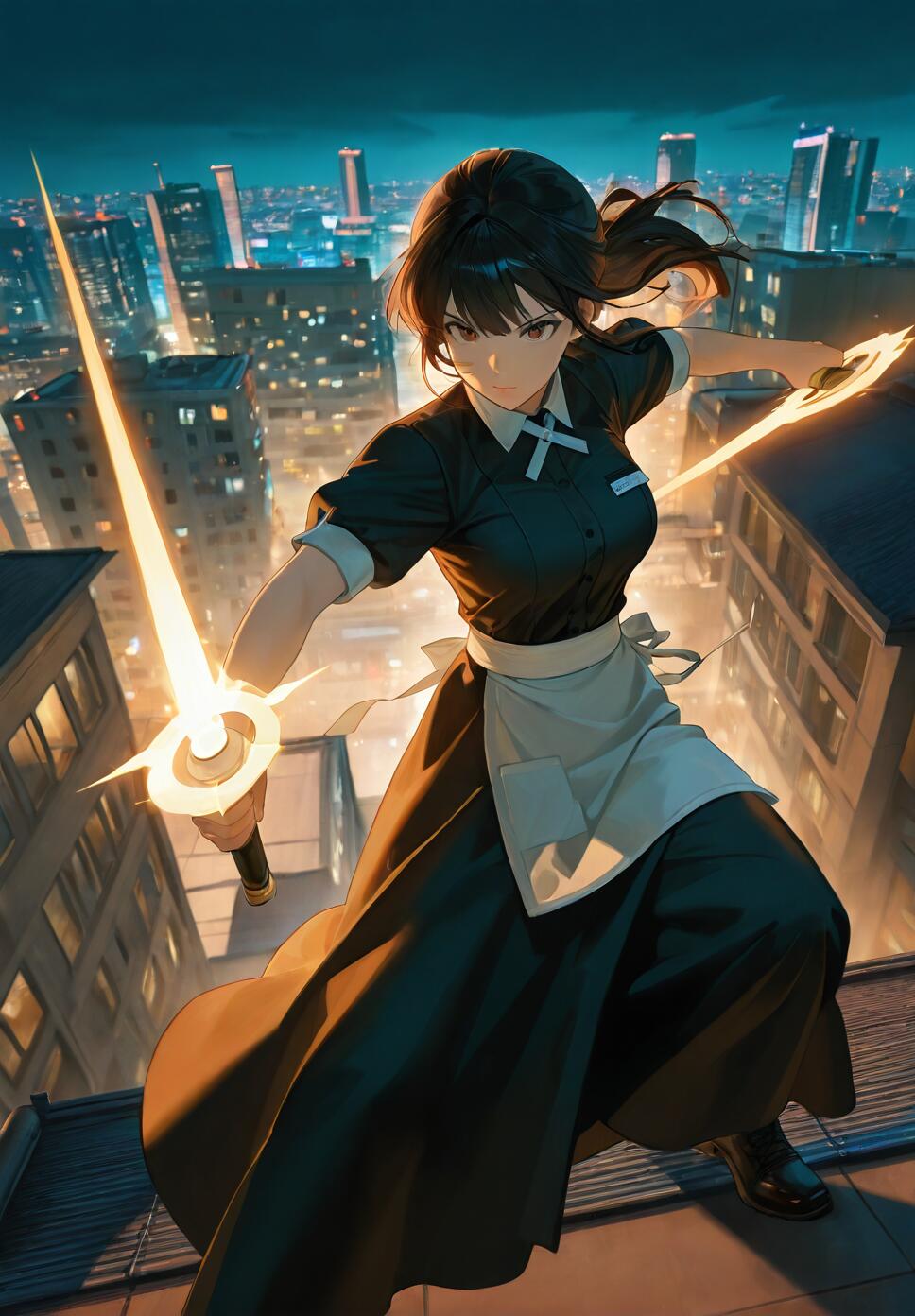 An anime-style illustration of a young woman in a maid outfit holding two glowing swords on a rooftop, with a city skyline at night in the background.