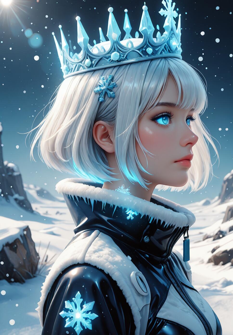 A profile portrait of a young woman with short white hair, piercing glowing blue eyes, and a crystal ice crown. She is dressed in a futuristic black and white winter coat in a snowy, mountainous setting.
