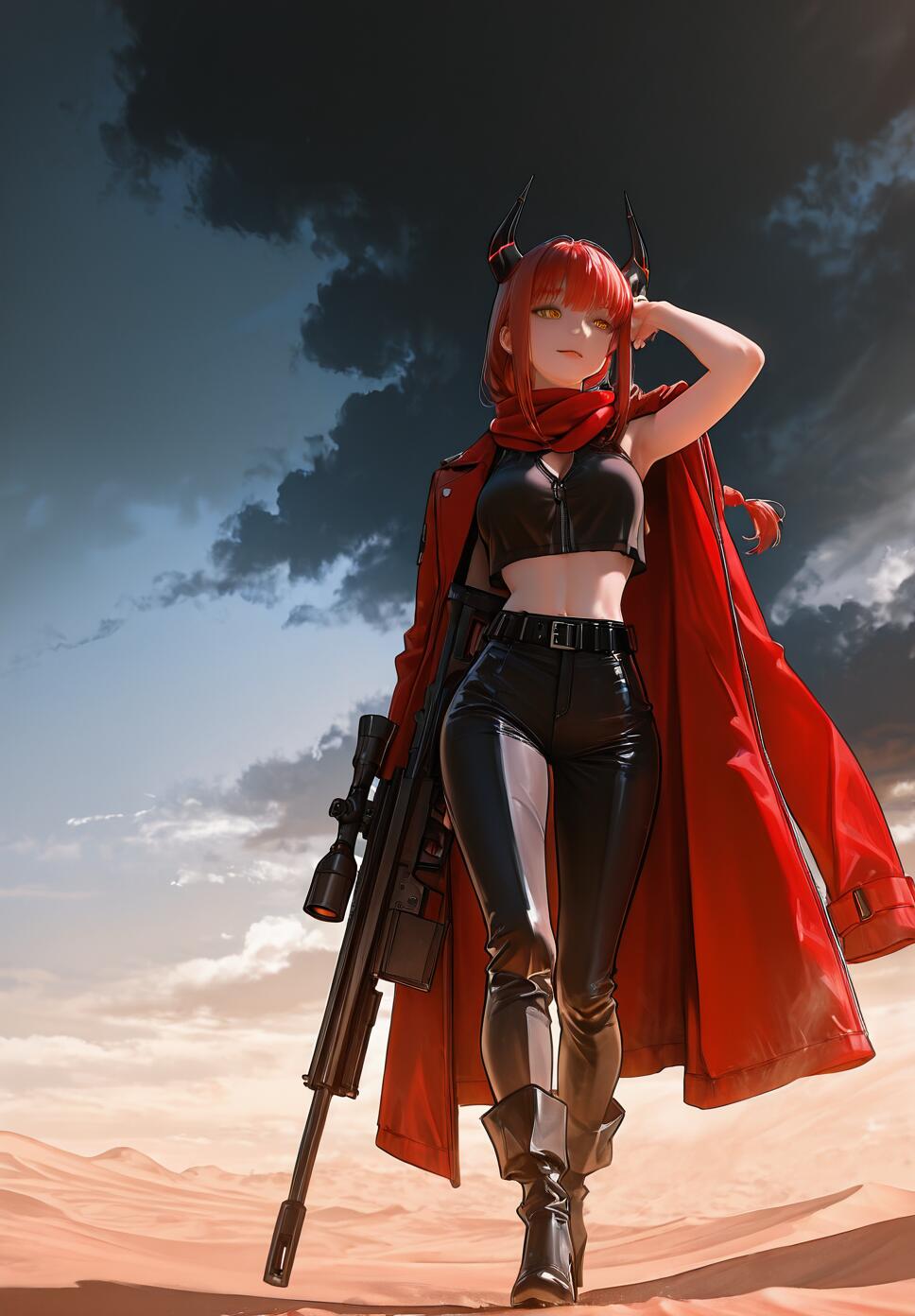 An anime-style illustration of a red-haired woman with black horns, resembling Makima from Chainsaw Man, standing in a desert. She wears a red coat, black leather outfit, and holds a large sniper rifle.