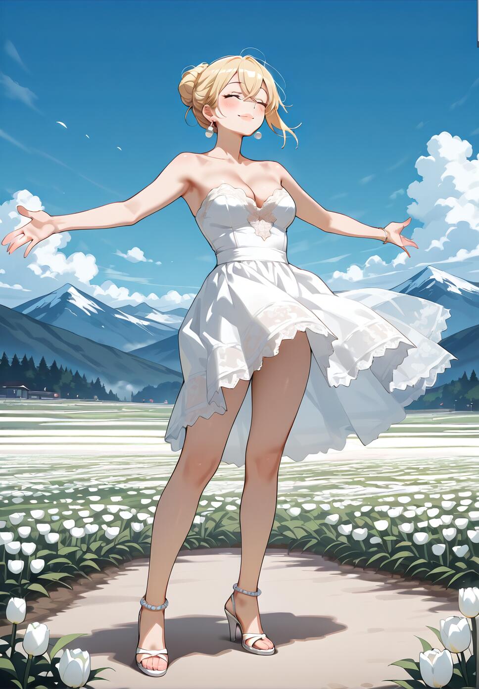 Full-body illustration of Mami Nanami from Rent-a-Girlfriend in a white dress, standing joyfully in a field of white tulips with mountains in the background.