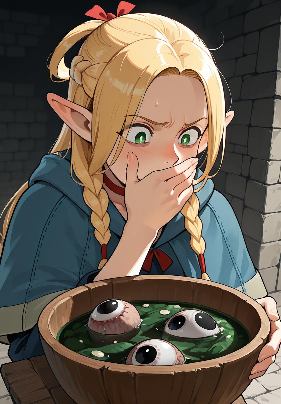 An anime-style elf with blonde braids, Marcille from Dungeon Meshi, looks shocked with her hand over her mouth while holding a wooden bowl of green soup containing three floating eyeballs.